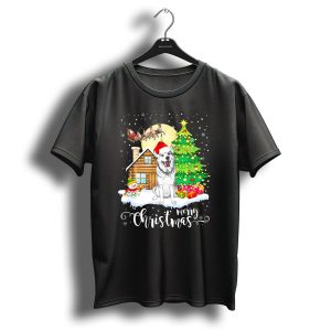 Merry Christmas Husky Sibir Santa Hat Winter Scene T Shirt