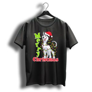Merry Christmas Husky Wrapped In Festive Lights With Santa Hat T Shirt