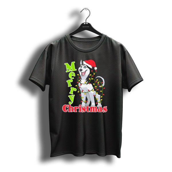 Merry Christmas Husky Wrapped In Festive Lights With Santa Hat T Shirt t shirt 1