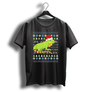 Merry Christmas Iguana Uglysant Festive Sweater Theme With Santa Hat And Snowflakes T Shirt