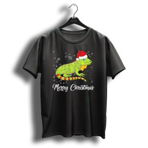 Merry Christmas Iguana With Santa Hat And Holiday Lights T Shirt