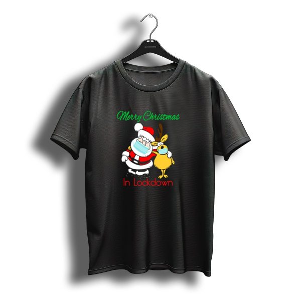 Merry Christmas In Lockdown Santa And Reindeer With Masks T Shirt t shirt 1