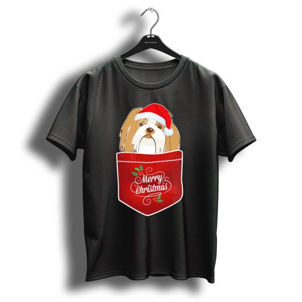 Merry Christmas Lhasa Apso In Santa Hat Pocket T Shirt 1 t shirt 1