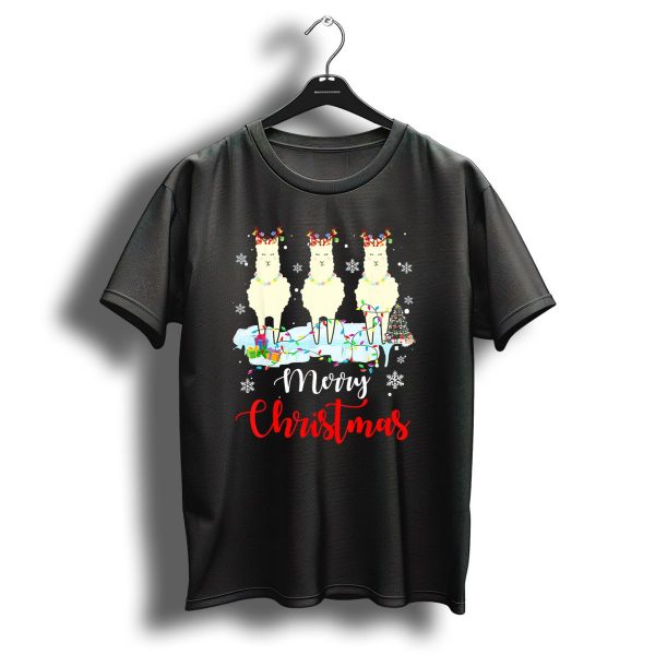 Merry Christmas Llama Lover With Festive Lights And Snowflakes T Shirt 1 t shirt 1