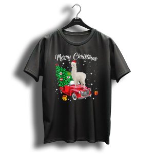 Merry Christmas Llama On Red Truck With Christmas Tree And Gifts T Shirt
