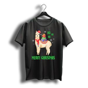 Merry Christmas Llama With Santa Hat Ho Ho Ho Snowflakes T-Shirt