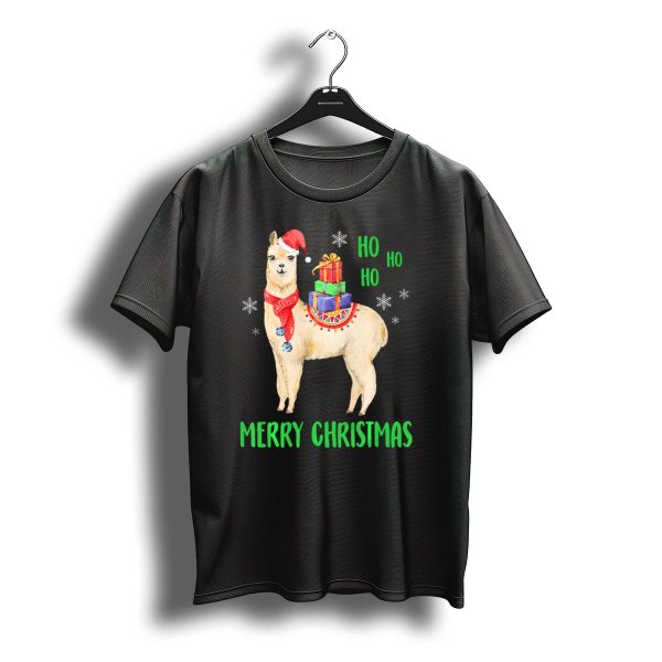 Merry Christmas Llama With Santa Hat Ho Ho Ho Snowflakes T Shirt t shirt 1