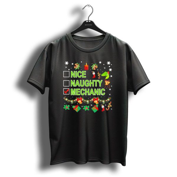 Merry Christmas Mechanic Nice Naughty Checklist With Festive Decorations T Shirt 1 t shirt 1