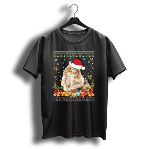 Merry Christmas Norwegian Forest Cat Santa Hat Snowflakes Gifts T Shirt