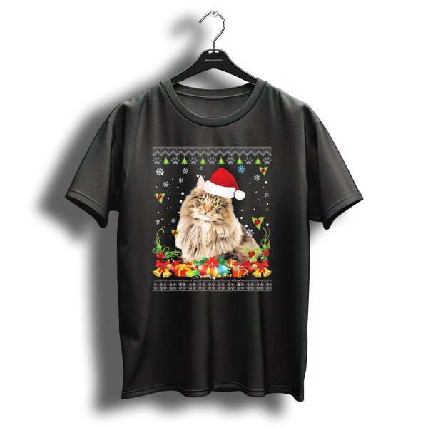 Merry Christmas Norwegian Forest Cat Santa Hat Snowflakes Gifts T Shirt 1 t shirt 1