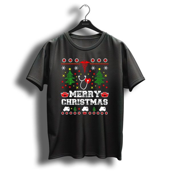 Merry Christmas Nurse Ugly Stethoscope And Medical Symbols T Shirt 1 t shirt 1