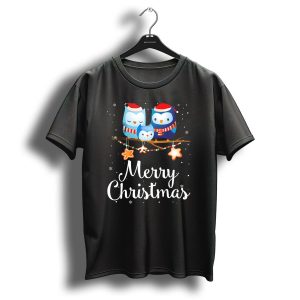 Merry Christmas Owl Family With Santa Hats And Holiday Lights T Shirt