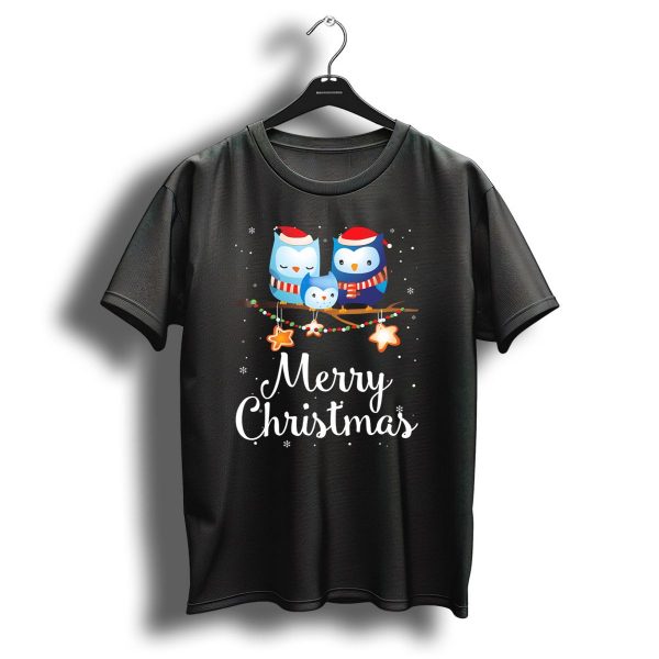 Merry Christmas Owl Family With Santa Hats And Holiday Lights T Shirt 1 t shirt 1
