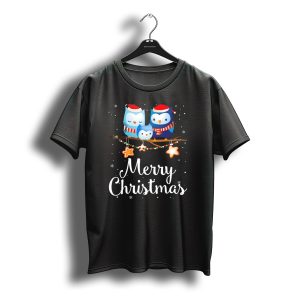 Merry Christmas Owl Family With Santa Hats And Holiday Lights T-Shirt