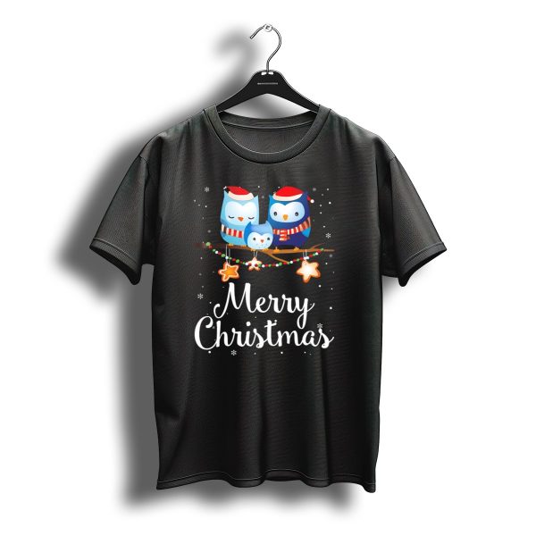 Merry Christmas Owl Family With Santa Hats And Holiday Lights T Shirt t shirt 1