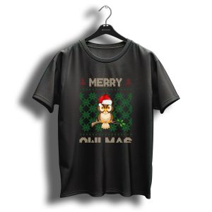 Merry Christmas Owl With Santa Hat And Knitted Tree T Shirt