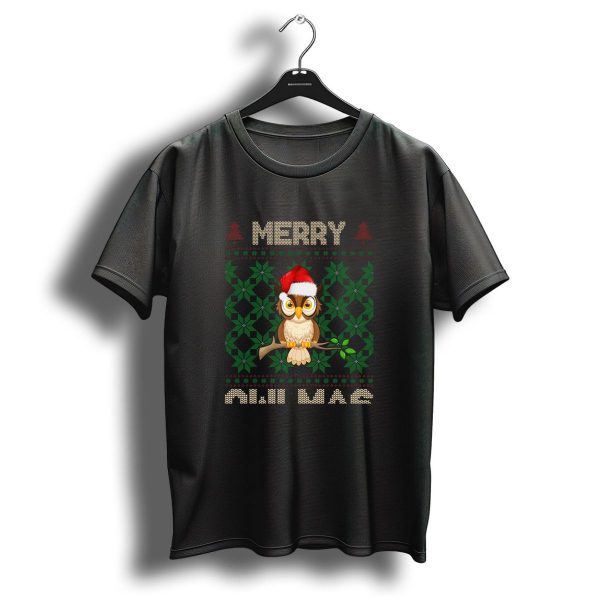 Merry Christmas Owl With Santa Hat And Knitted Tree T Shirt 1 t shirt 1