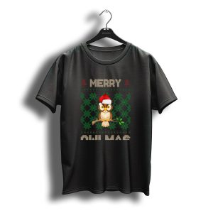 Merry Christmas Owl With Santa Hat And Knitted Tree T-Shirt