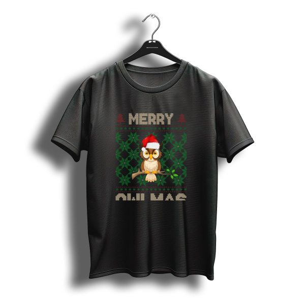 Merry Christmas Owl With Santa Hat And Knitted Tree T Shirt t shirt 1