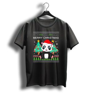 Merry Christmas Panda Bear Santa Hat Festive Trees T Shirt