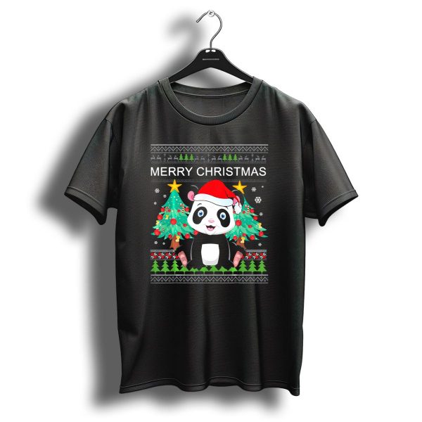 Merry Christmas Panda Bear Santa Hat Festive Trees T Shirt 1 t shirt 1