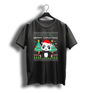 Merry Christmas Panda Bear Santa Hat Festive Trees T-Shirt