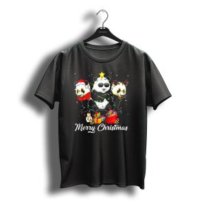 Merry Christmas Panda Bears Santa Reindeers With Gifts And Snowman T-Shirt