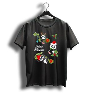 Merry Christmas Panda Chibi With Holly And Santa Hat T Shirt