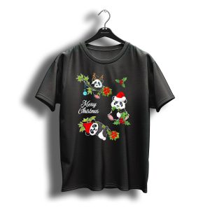 Merry Christmas Panda Chibi With Holly And Santa Hat T-Shirt