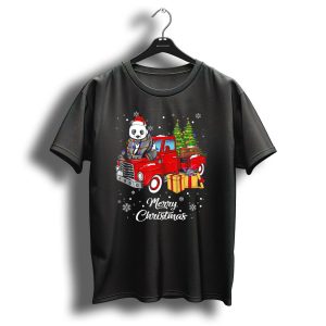 Merry Christmas Panda In Lights On Red Truck With Gifts And Christmas Tree T Shirt