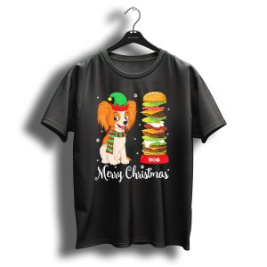 Merry Christmas Papillon In Elf Costume With Stacked Hot Dog And Burger Tower T-Shirt