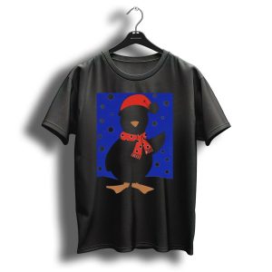 Merry Christmas Penguin With Red Santa Hat And Scarf In Starry Night Scene T Shirt