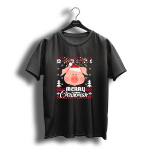Merry Christmas Pig Santa Hat Antler Ugly T-Shirt