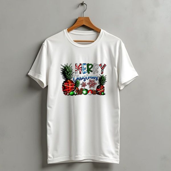 Merry Christmas Pineapple Lights With Snowflakes And Festive Fruits T Shirt 1 t shirt 1