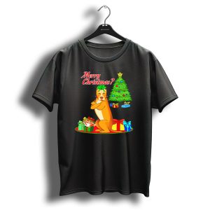 Merry Christmas Pit Bull Dog With Christmas Cat And Tree T-Shirt