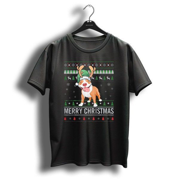 Merry Christmas Pitbull Dog Reindeer Antlers Festive T Shirt 1 t shirt 1