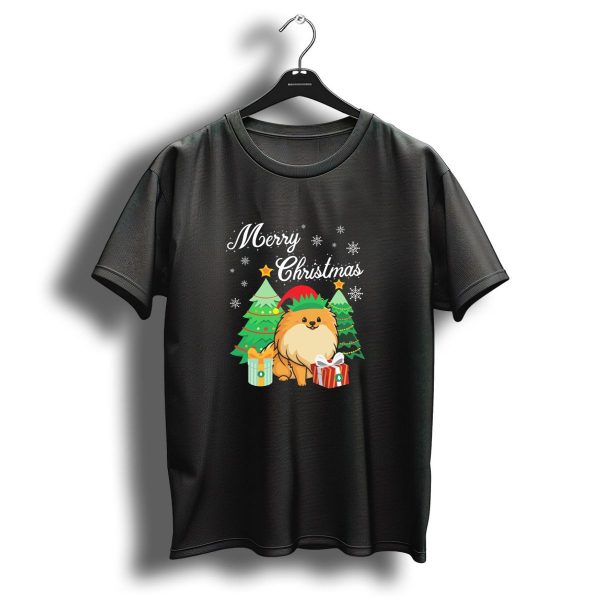 Merry Christmas Pomeranian Elf With Christmas Trees And Gifts T Shirt 1 t shirt 1