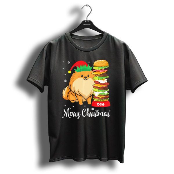 Merry Christmas Pomeranian In Elf Hat With Giant Burger Dog Bowl T Shirt 1 t shirt 1