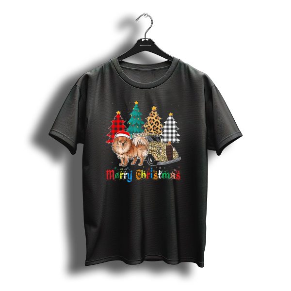 Merry Christmas Pomeranian Santa Hat Leopard Plaid Truck And Trees T Shirt t shirt 1