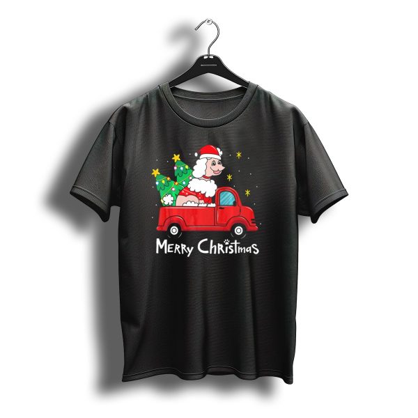 Merry Christmas Poodle Santa In Red Truck With Tree And Stars T Shirt t shirt 1