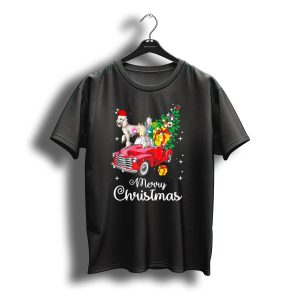 Merry Christmas Poodle With Santa Hat On Red Truck With Gifts And Christmas Tree T-Shirt