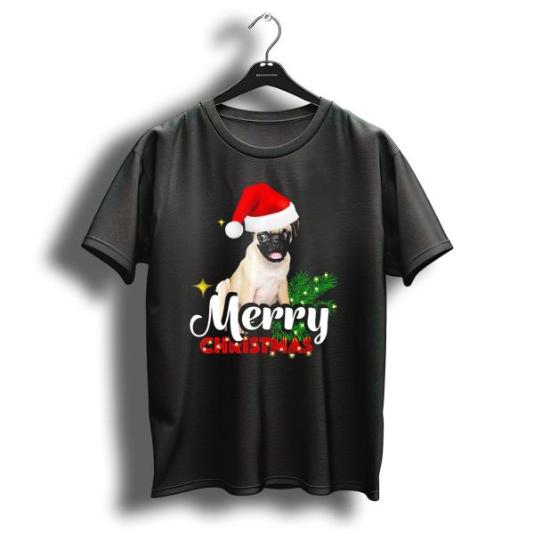 Merry Christmas Pug With Santa Hat And Pine Branches T Shirt 1 t shirt 1