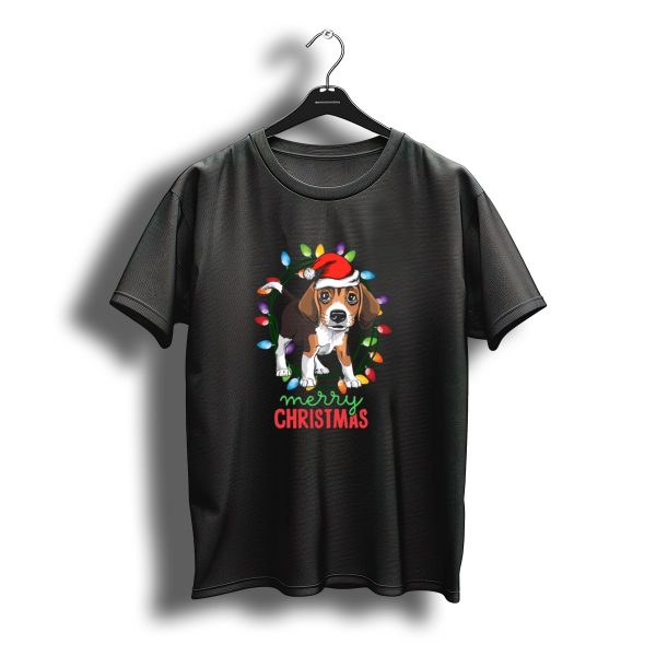 Merry Christmas Puppy Beagle Santa Hat Festive Lights T Shirt t shirt 1