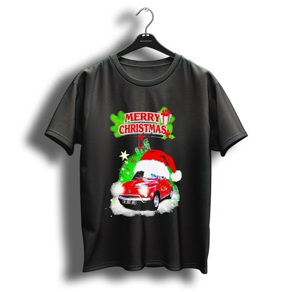 Merry Christmas Red Fiat 500 With Santa Hat And Green Background T Shirt 1 t shirt 1