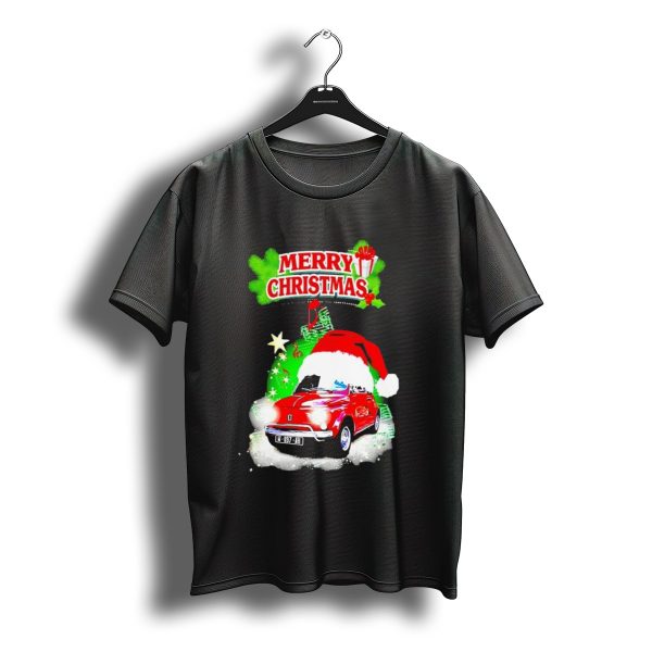 Merry Christmas Red Fiat 500 With Santa Hat And Green Background T Shirt t shirt 1