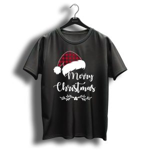 Merry Christmas Red Plaid Santa Hat With Holly Border T Shirt