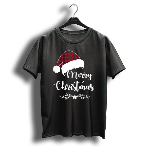 Merry Christmas Red Plaid Santa Hat With Holly Border T Shirt 1 t shirt 1