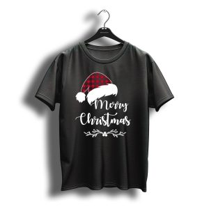 Merry Christmas Red Plaid Santa Hat With Holly Border T-Shirt
