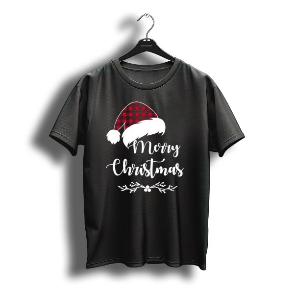 Merry Christmas Red Plaid Santa Hat With Holly Border T Shirt t shirt 1