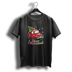 Merry Christmas Red Truck With Christmas Tree And Snowflakes T Shirt